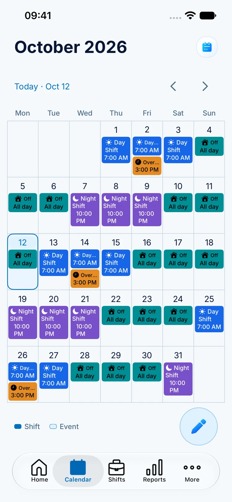 ClockPay month calendar with blue day shifts, purple night shifts, and teal days off