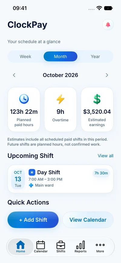 ClockPay home screen with an example schedule