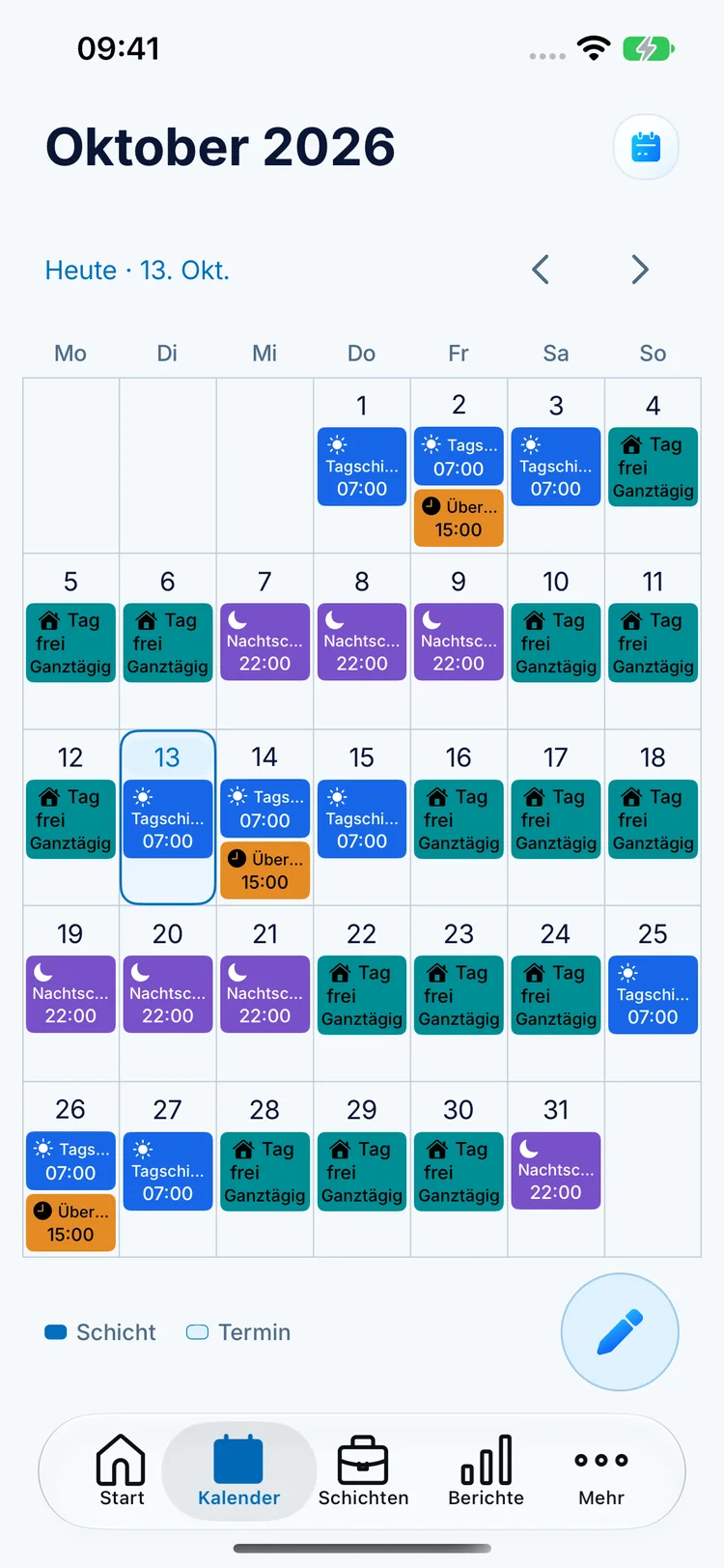 ClockPay Monatskalender mit blauen Tagschichten, lila Nachtschichten und türkisfarbenen freien Tagen