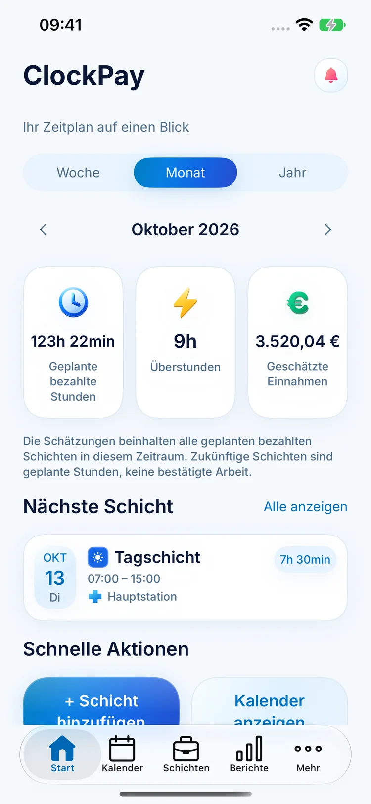 ClockPay Startbildschirm mit geplanten Stunden, Überstunden, geschätztem Verdienst und nächster Schicht