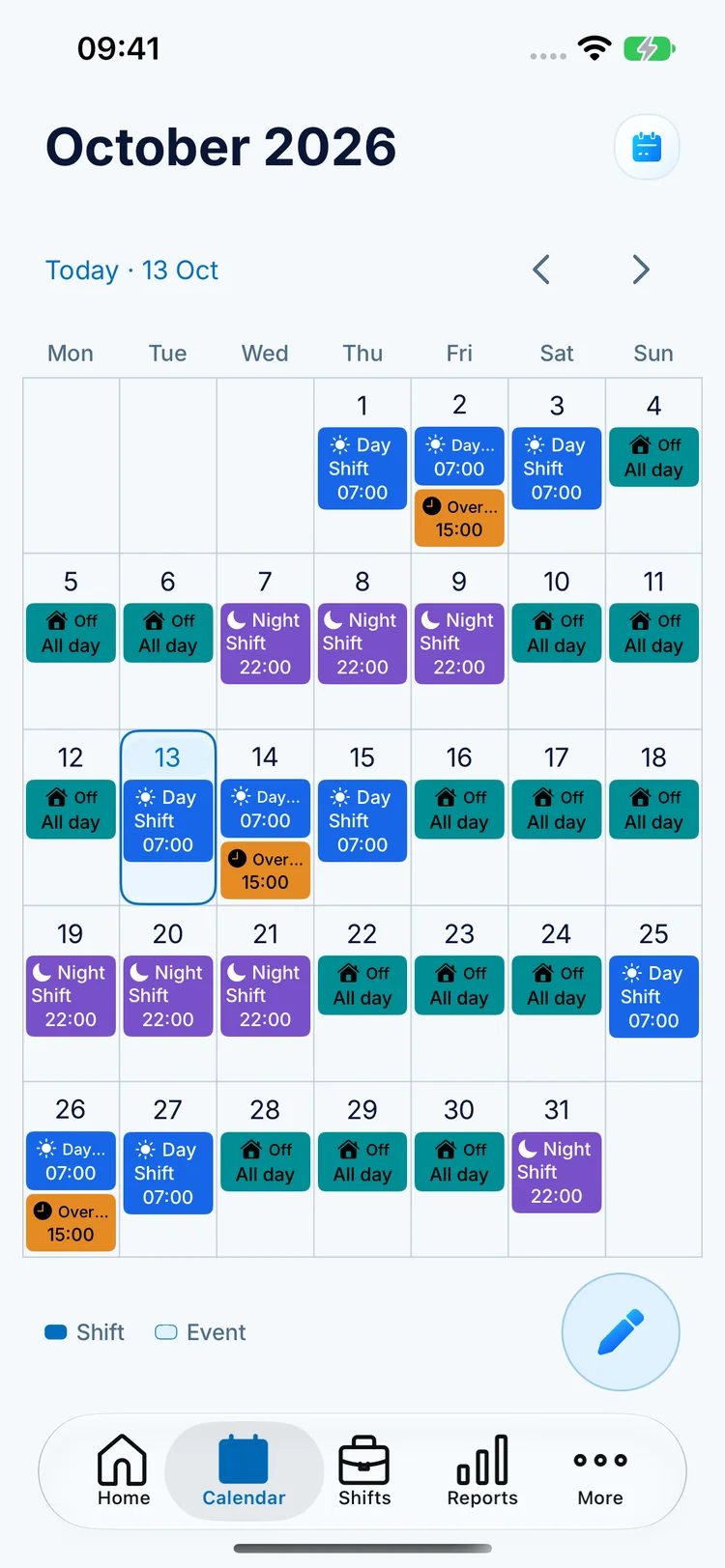 ClockPay month calendar with blue day shifts, purple night shifts, and teal days off