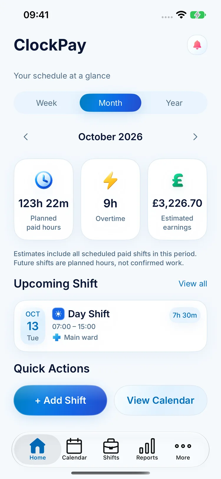 ClockPay home screen showing planned hours, overtime, estimated earnings and the next shift