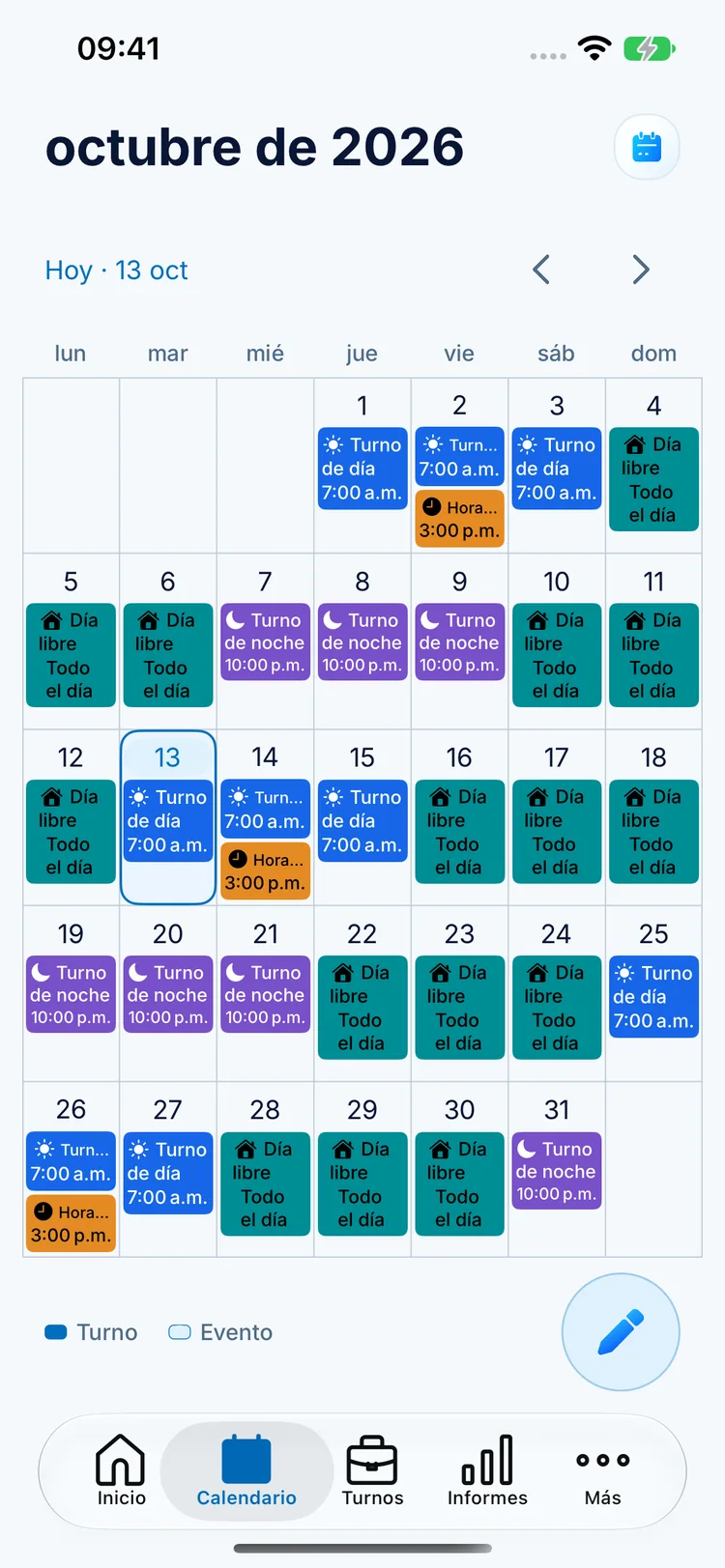 Calendario mensual de ClockPay con turnos de día azules, de noche morados y descansos turquesa
