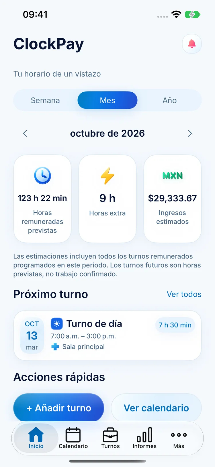 Inicio de ClockPay con horas previstas, horas extra, ingresos estimados y próximo turno