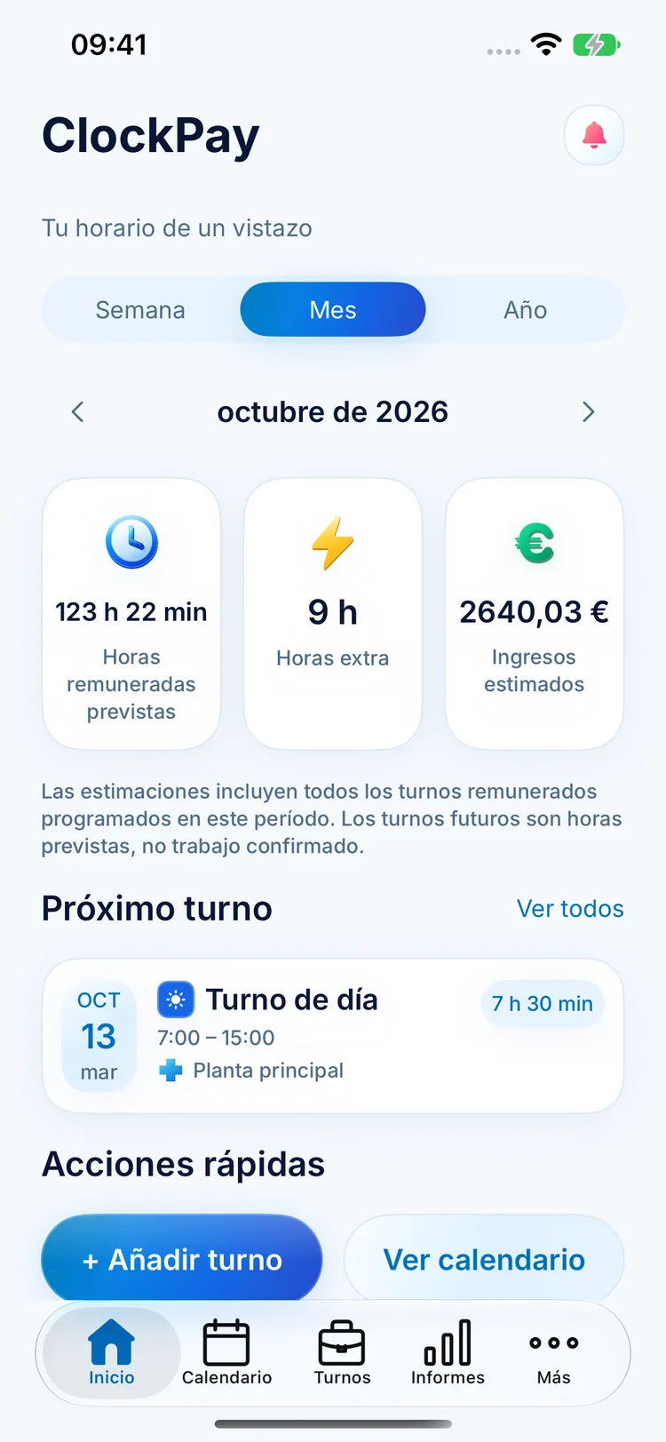 Inicio de ClockPay con horas previstas, horas extra, ingresos estimados y próximo turno