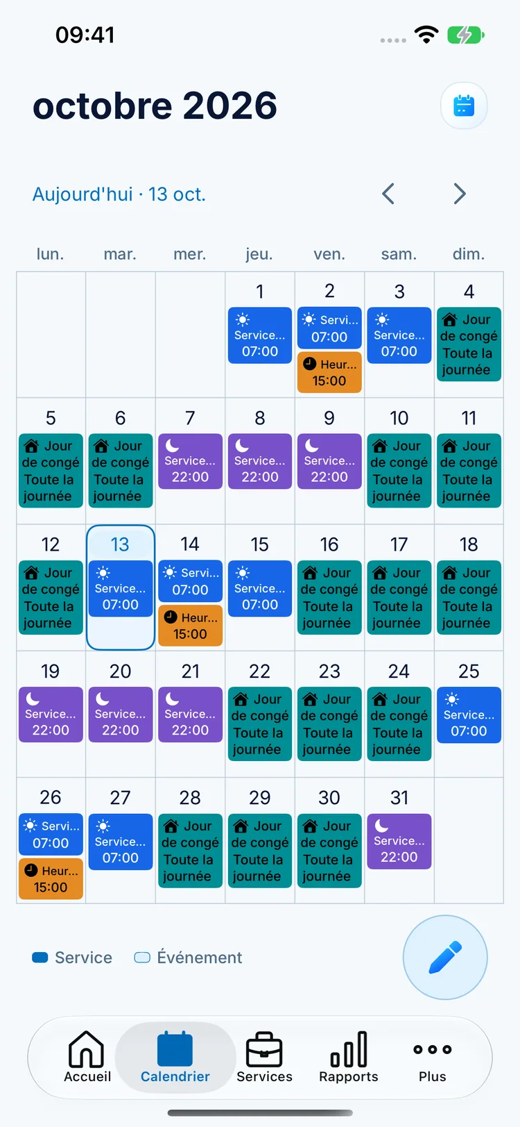 Calendrier mensuel ClockPay : services de jour en bleu, de nuit en violet et repos en turquoise