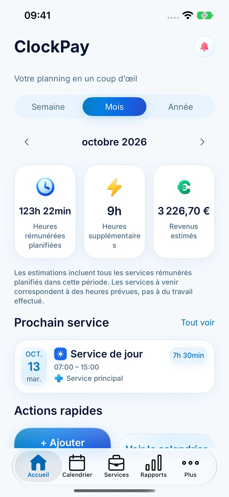 Accueil ClockPay avec heures prévues, heures supplémentaires, revenus estimés et prochain service