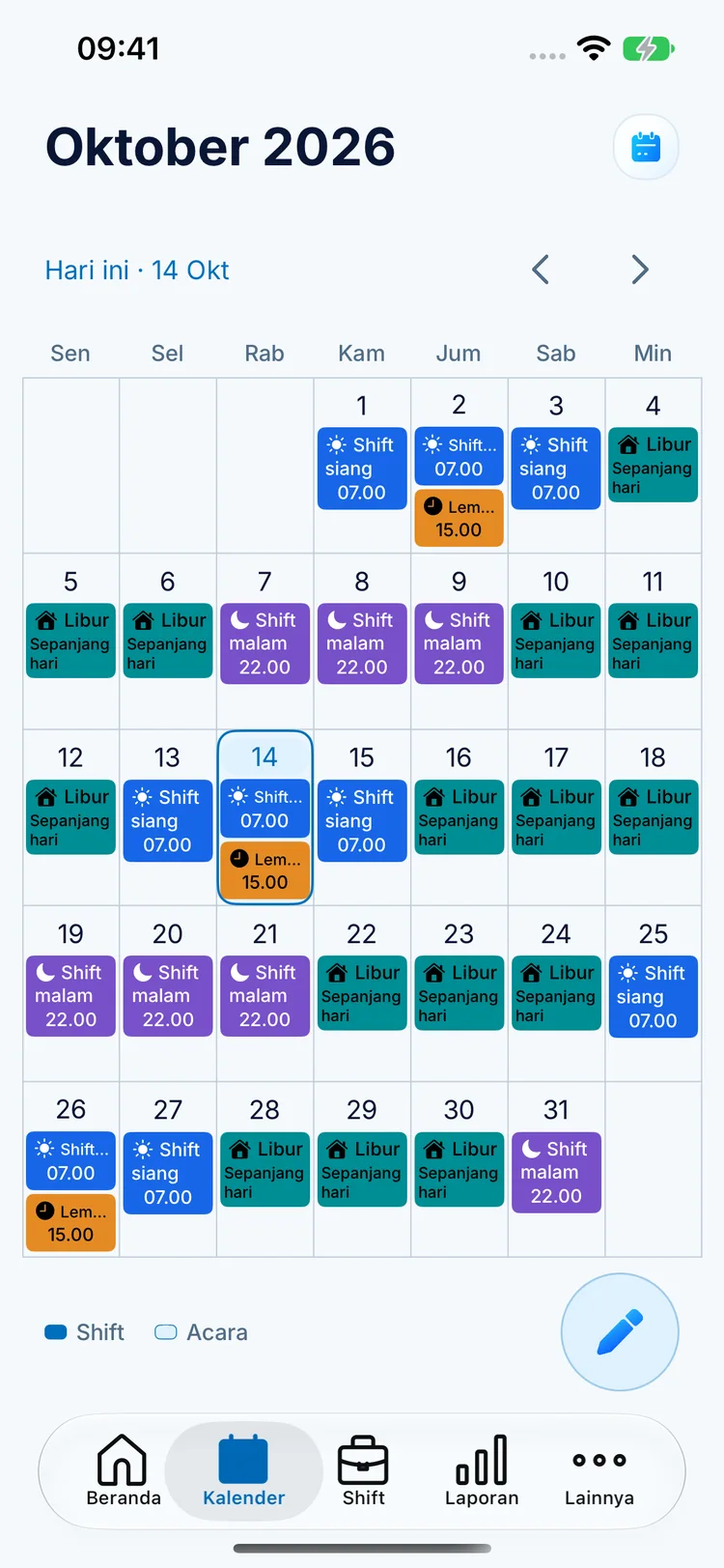 Kalender bulanan ClockPay dengan shift siang biru, shift malam ungu, dan hari libur toska