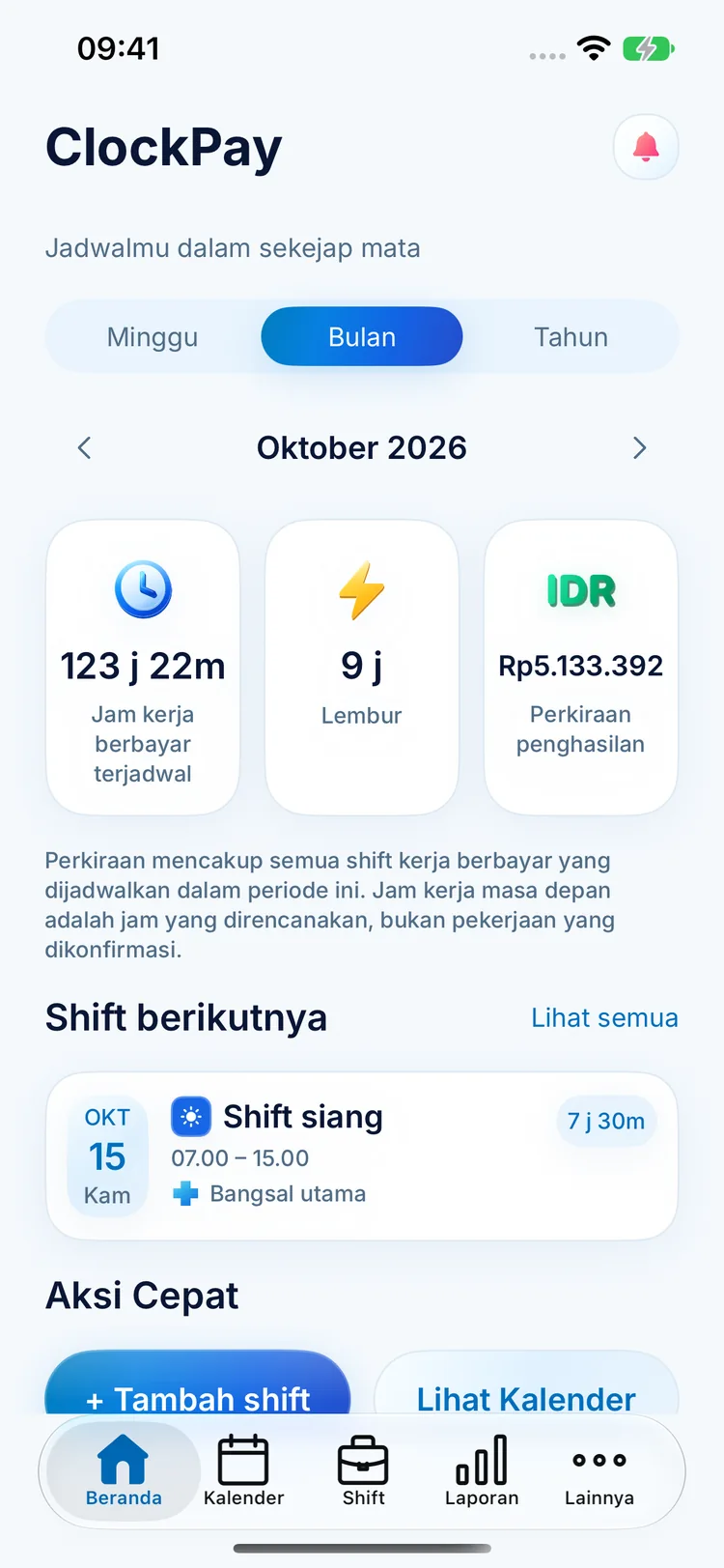 Beranda ClockPay dengan jam terencana, lembur, perkiraan penghasilan, dan shift berikutnya