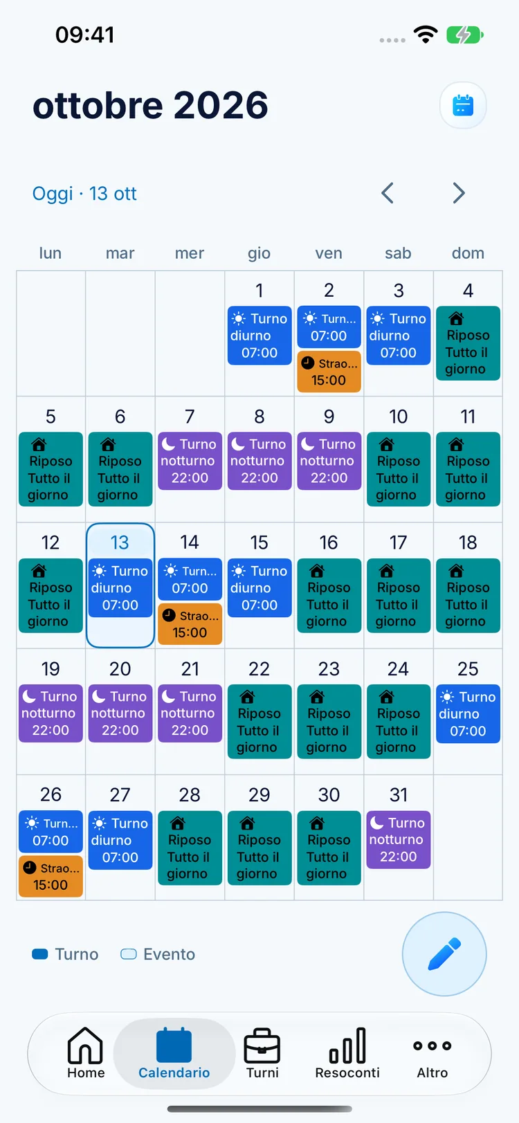 Calendario mensile ClockPay con turni diurni blu, notturni viola e riposi turchesi