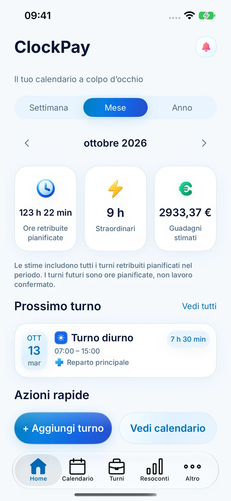 Schermata iniziale ClockPay con ore previste, straordinari, guadagni stimati e prossimo turno