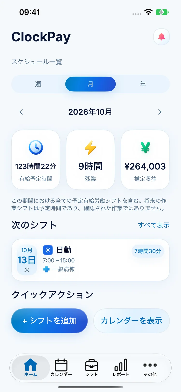 予定時間、残業、推定収入、次のシフトを表示するClockPayのホーム画面