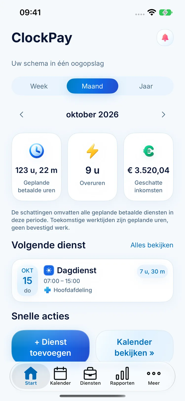 ClockPay startscherm met geplande uren, overuren, geschatte inkomsten en de volgende dienst