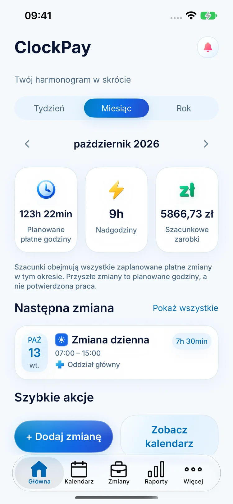 Ekran główny ClockPay z planowanymi godzinami, nadgodzinami, szacowanymi zarobkami i następną zmianą