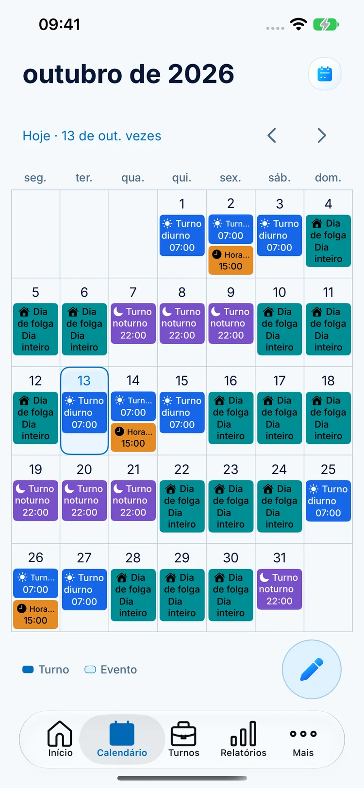 Calendário mensal do ClockPay com turnos diurnos azuis, noturnos roxos e folgas turquesa