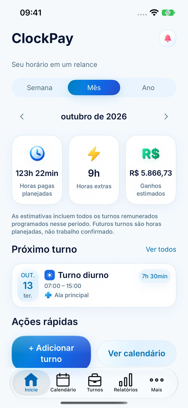 Tela inicial do ClockPay com horas previstas, horas extras, ganhos estimados e próximo turno