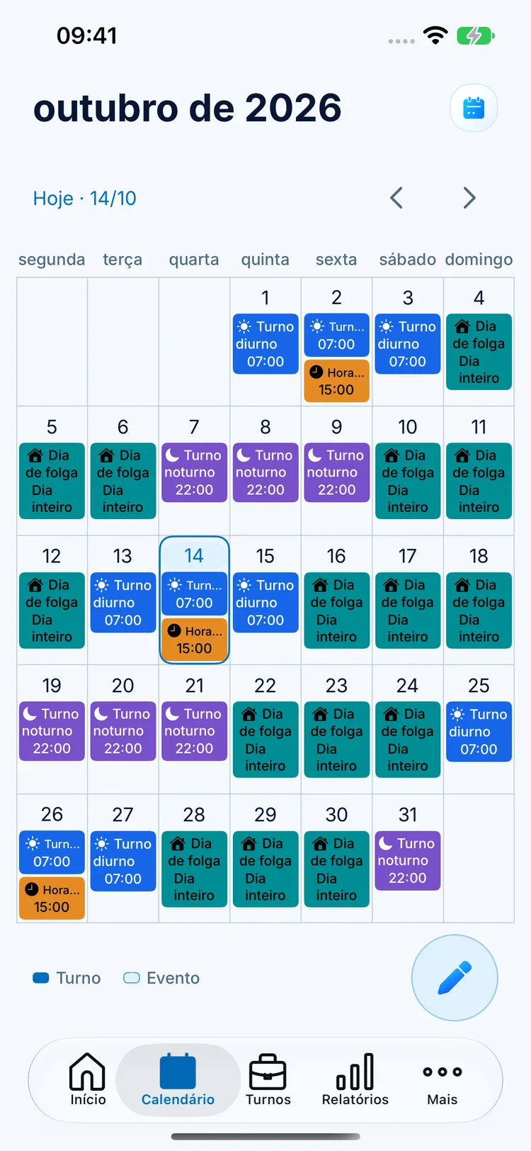 Calendário mensal do ClockPay com turnos diurnos azuis, noturnos roxos e folgas turquesa