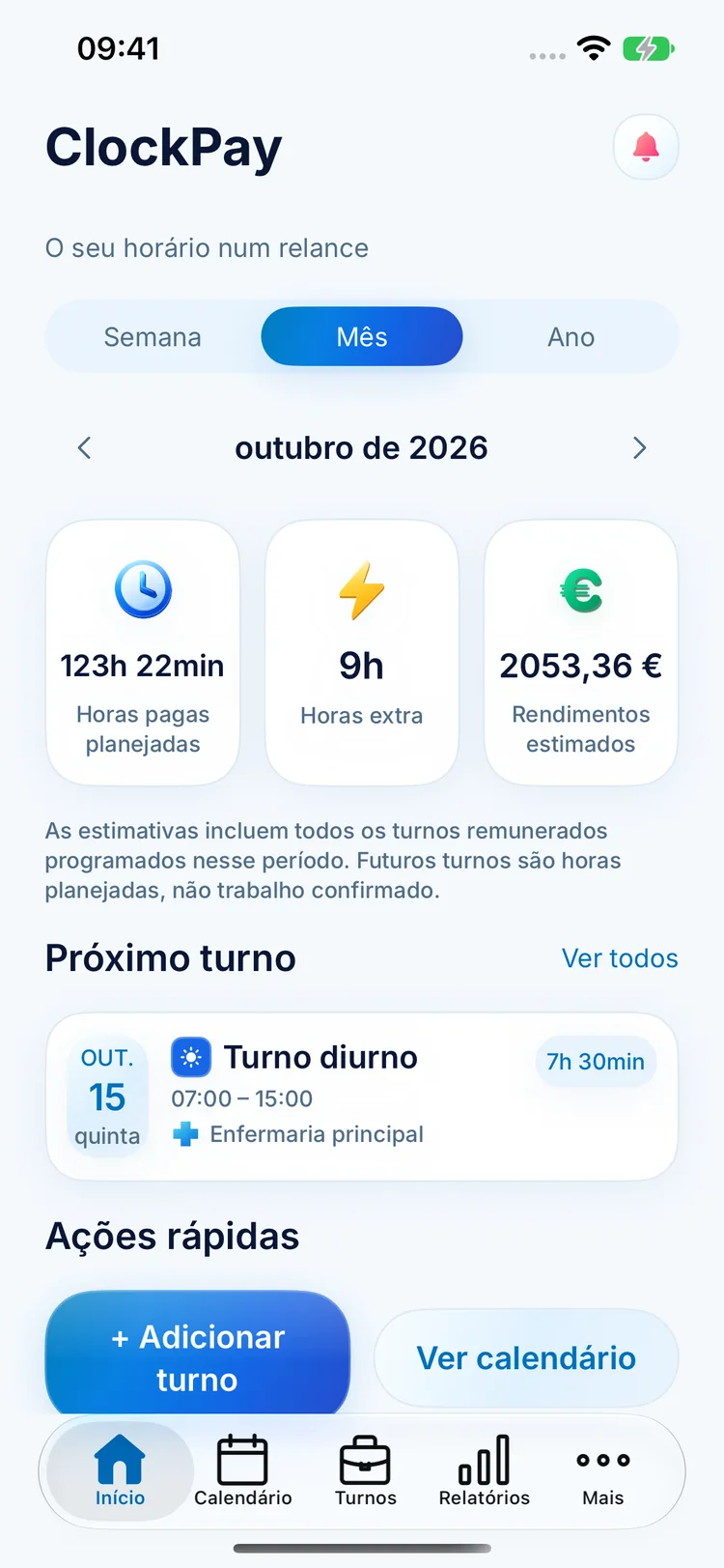 Ecrã inicial do ClockPay com horas previstas, horas extraordinárias, ganhos estimados e próximo turno