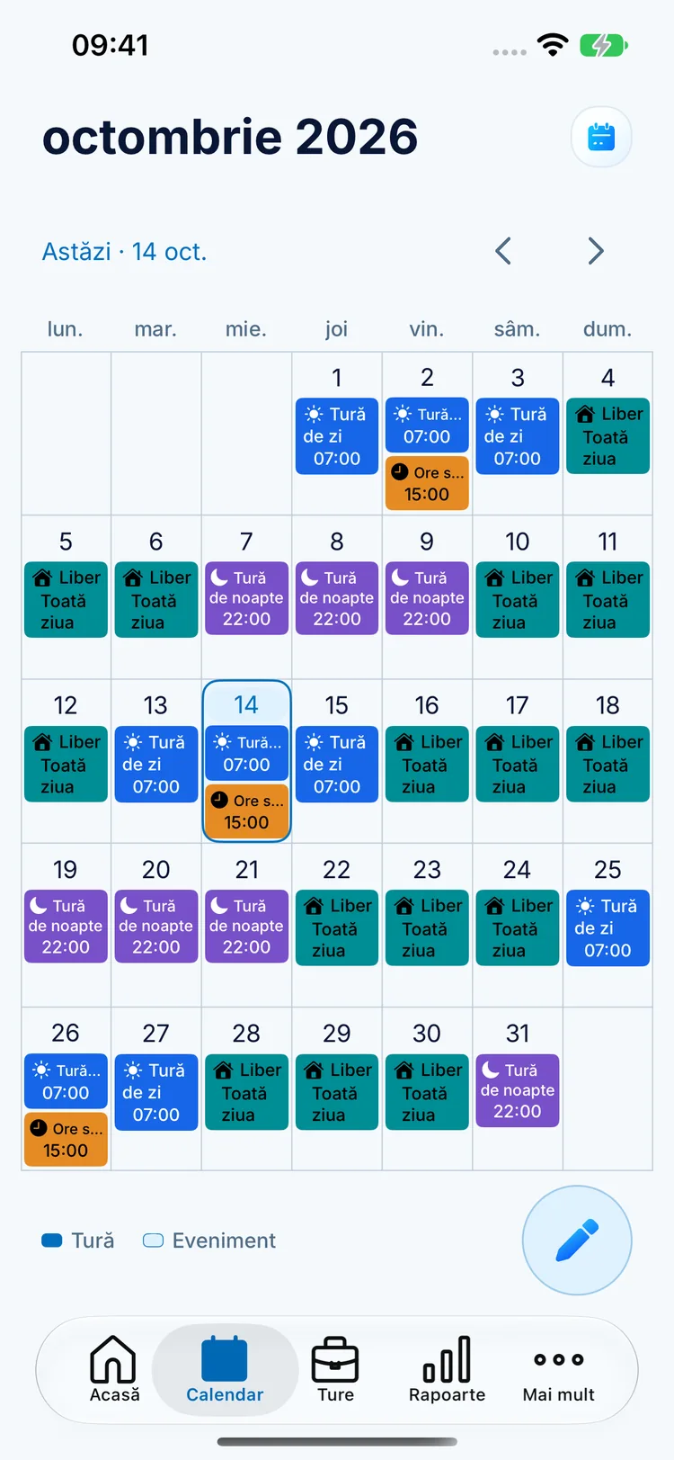 Calendar lunar ClockPay cu ture de zi albastre, ture de noapte violet și zile libere turcoaz