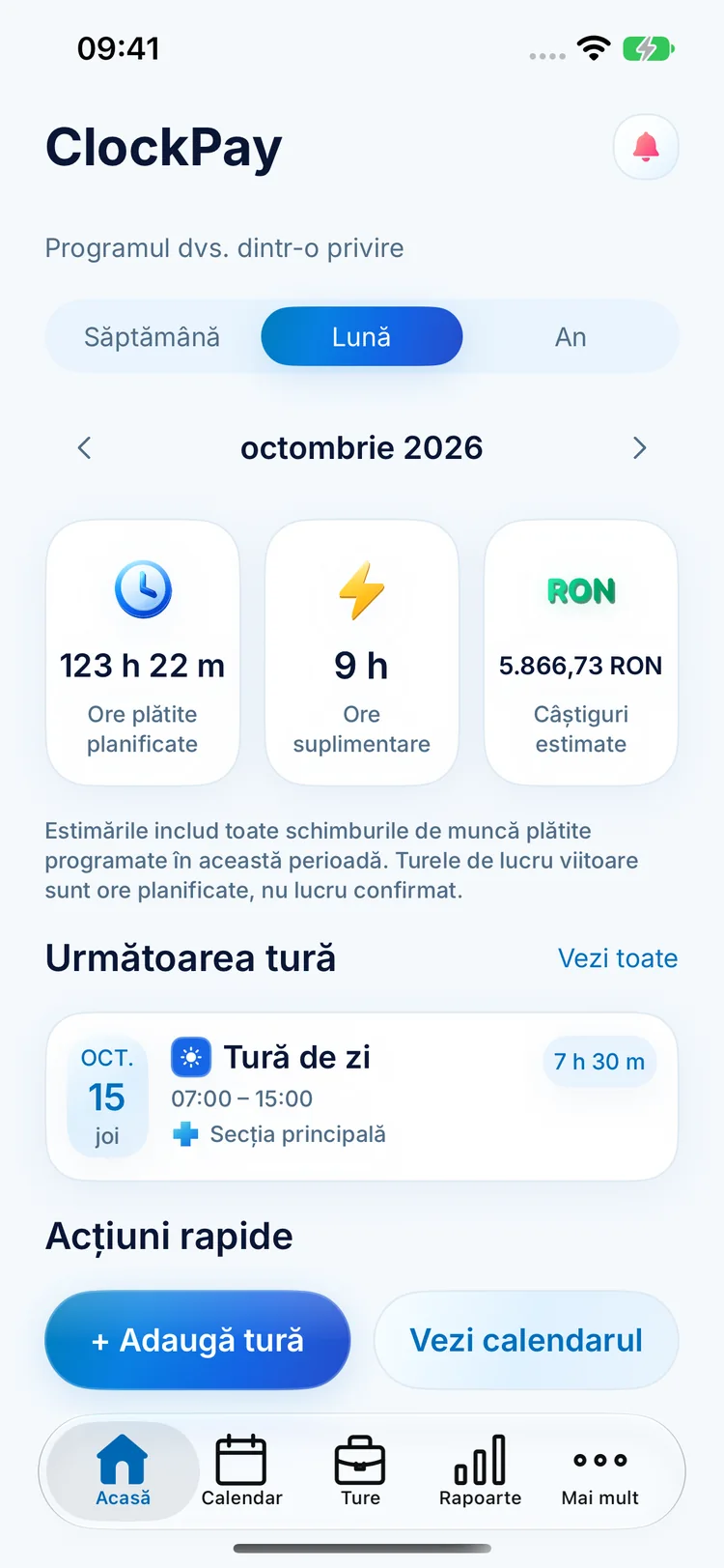 Ecran principal ClockPay cu ore planificate, ore suplimentare, venituri estimate și următoarea tură