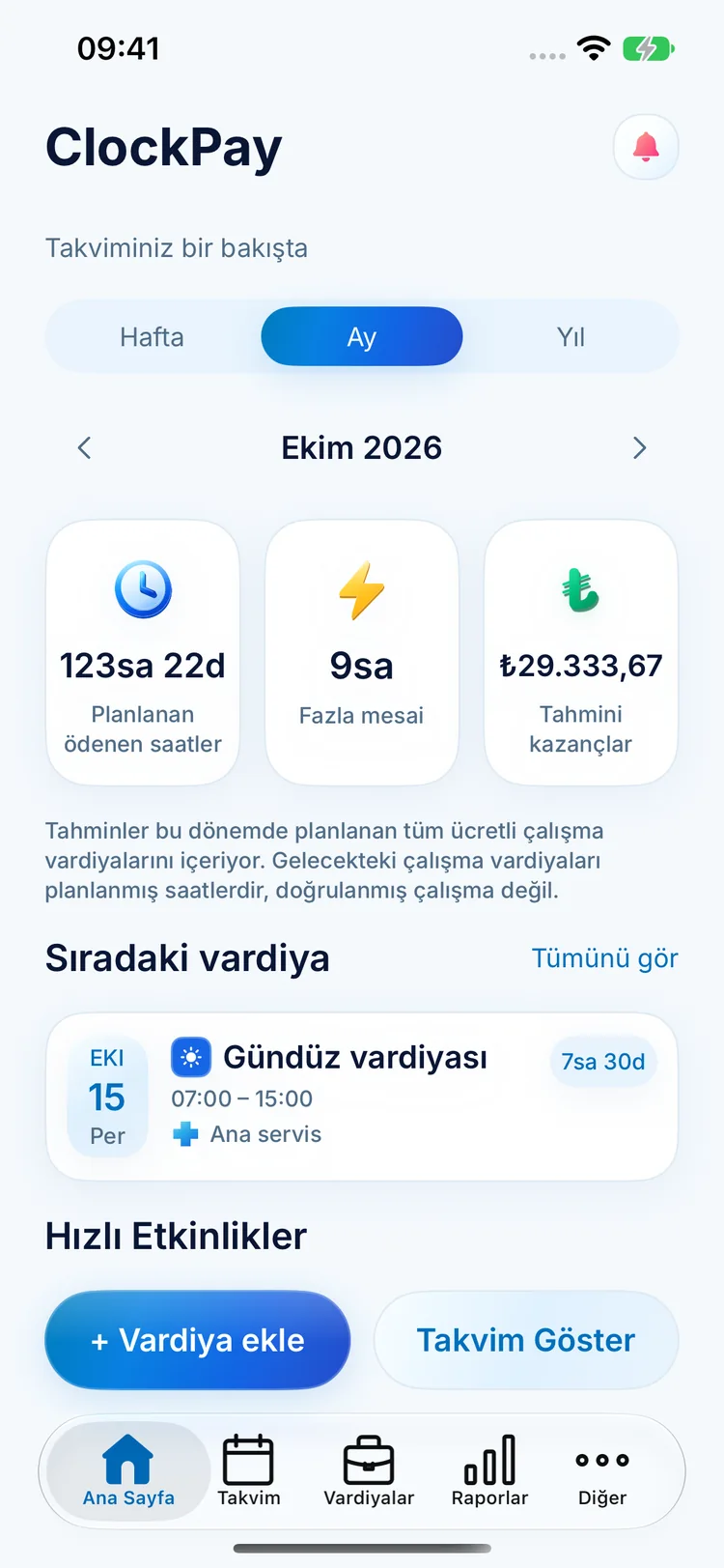 Planlanan saatler, fazla mesai, tahmini kazanç ve sonraki vardiyayı gösteren ClockPay ana ekranı