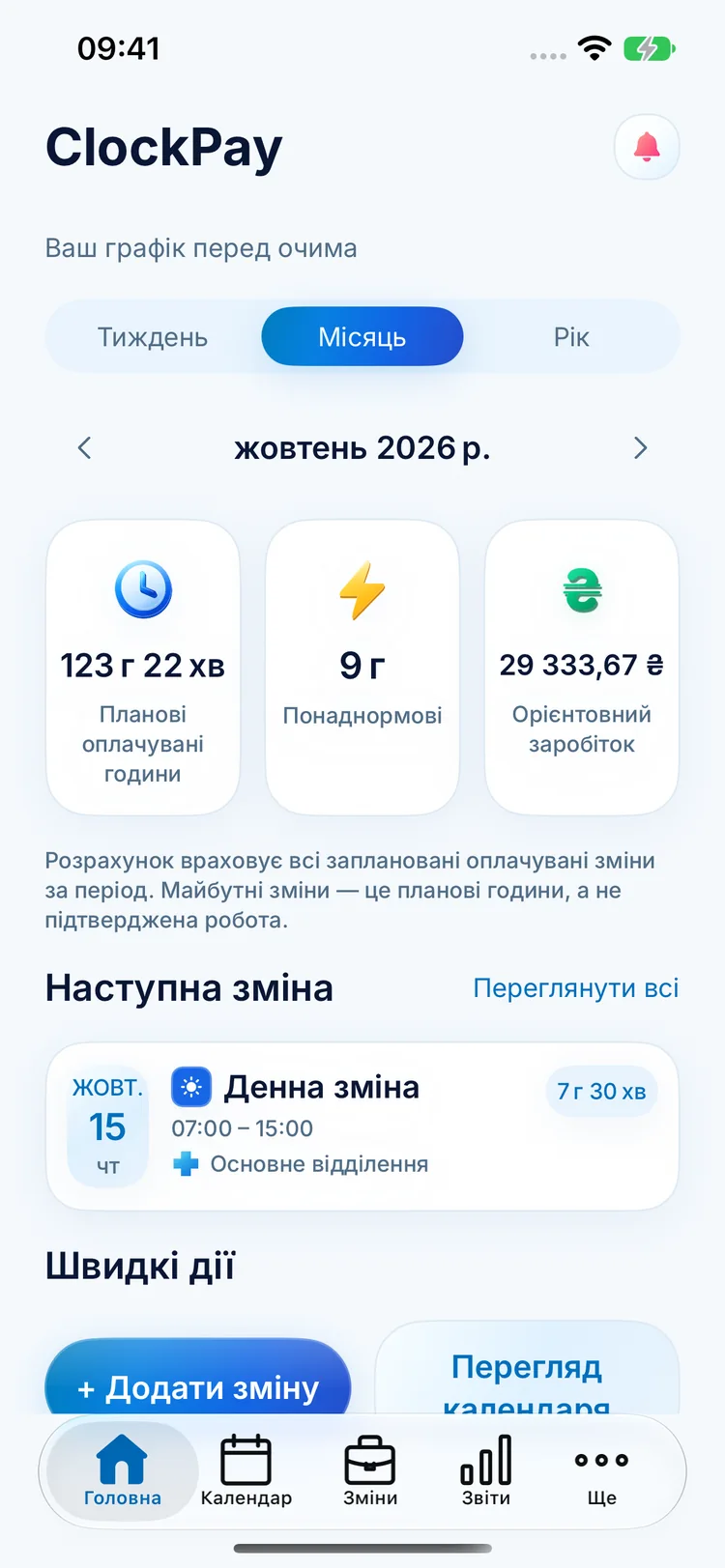 Головний екран ClockPay із плановими годинами, понаднормовою роботою, очікуваним заробітком і наступною зміною