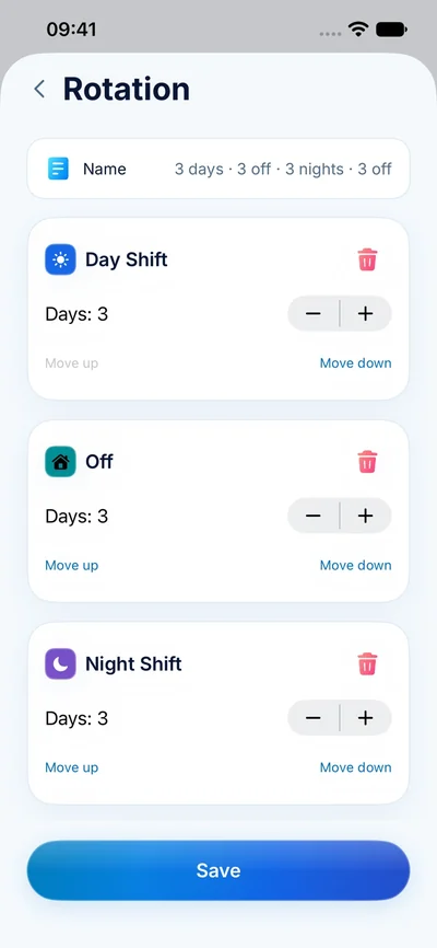 ClockPay rotations screen with an example schedule